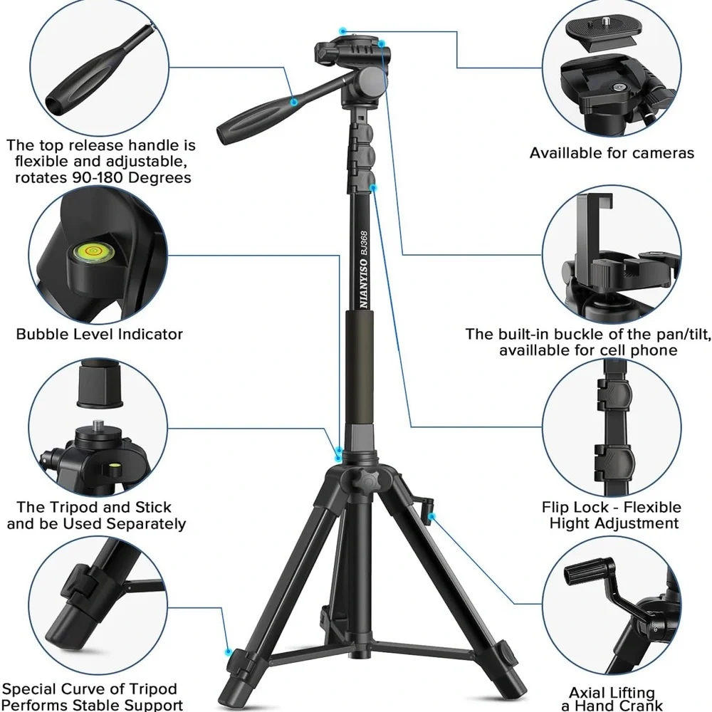 Nianyiso Bj368 Camera Tripod Stand 3-way Swivel Detachable, Portable Monopod